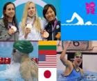 Yüzme 100 m podyum stil Bayanlar erkekler, Rūta Meilutytė (Litvanya), Rebecca Soni (ABD) ve Satomi Suzuki (Japonya) - Londra 2012-